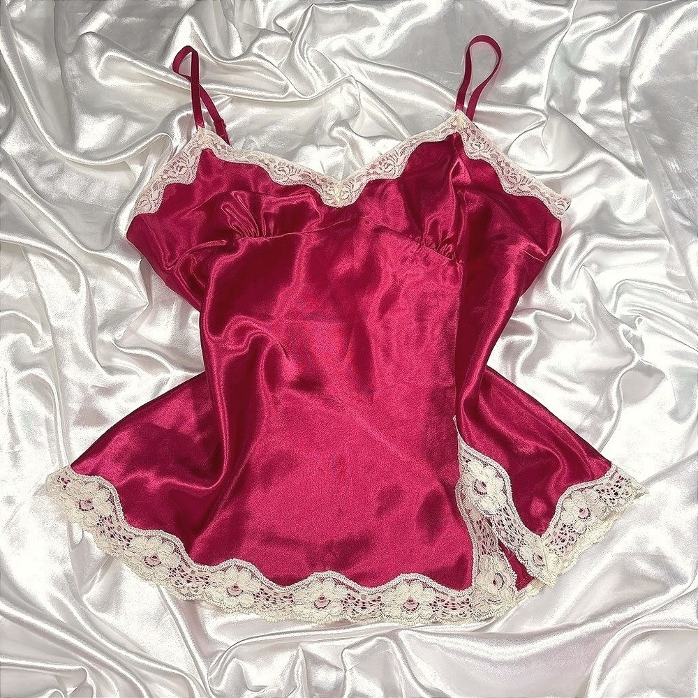 y2k silky Camisole Top Pink Lace Trim Satin Adjustable Straps